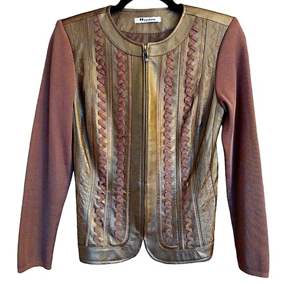Nygard Collection Leather & Knit Jacket, Size Small (4-6), Bronze/Gold/Brown - Picture 2 of 7